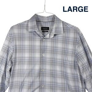 Bugatchi OoohCotton Tech Mens Large Classic Blue Grid 8-Way Stretch Shirt Office